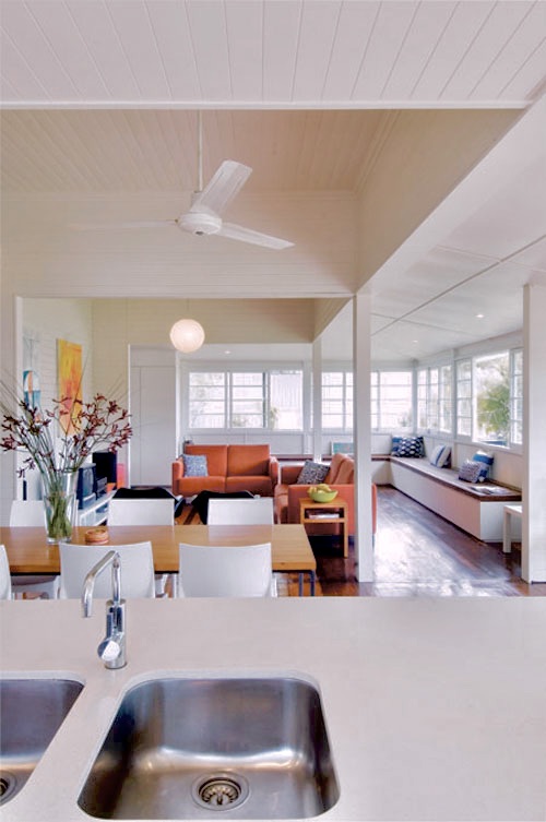 Architect designed renovations to queenslander home, open living area, white walls