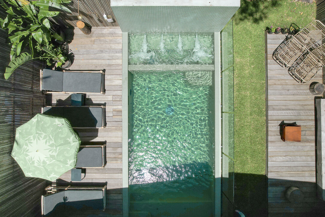 Modern architect designed house, inground pool, timber decks, green tiles