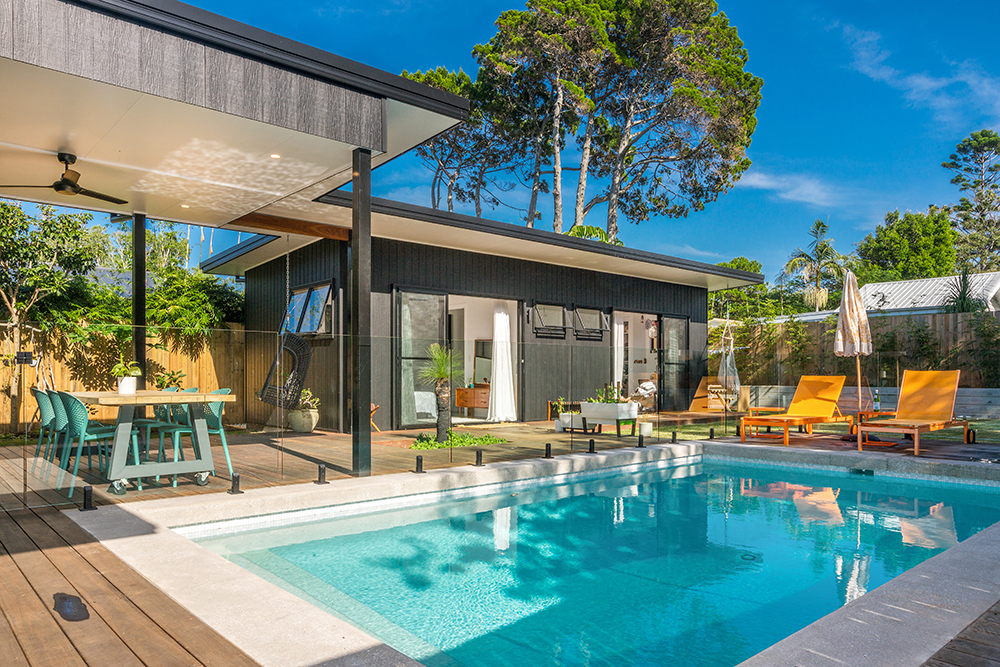 Modern architect designed house, Black timber clad bedroom wing & inground pool