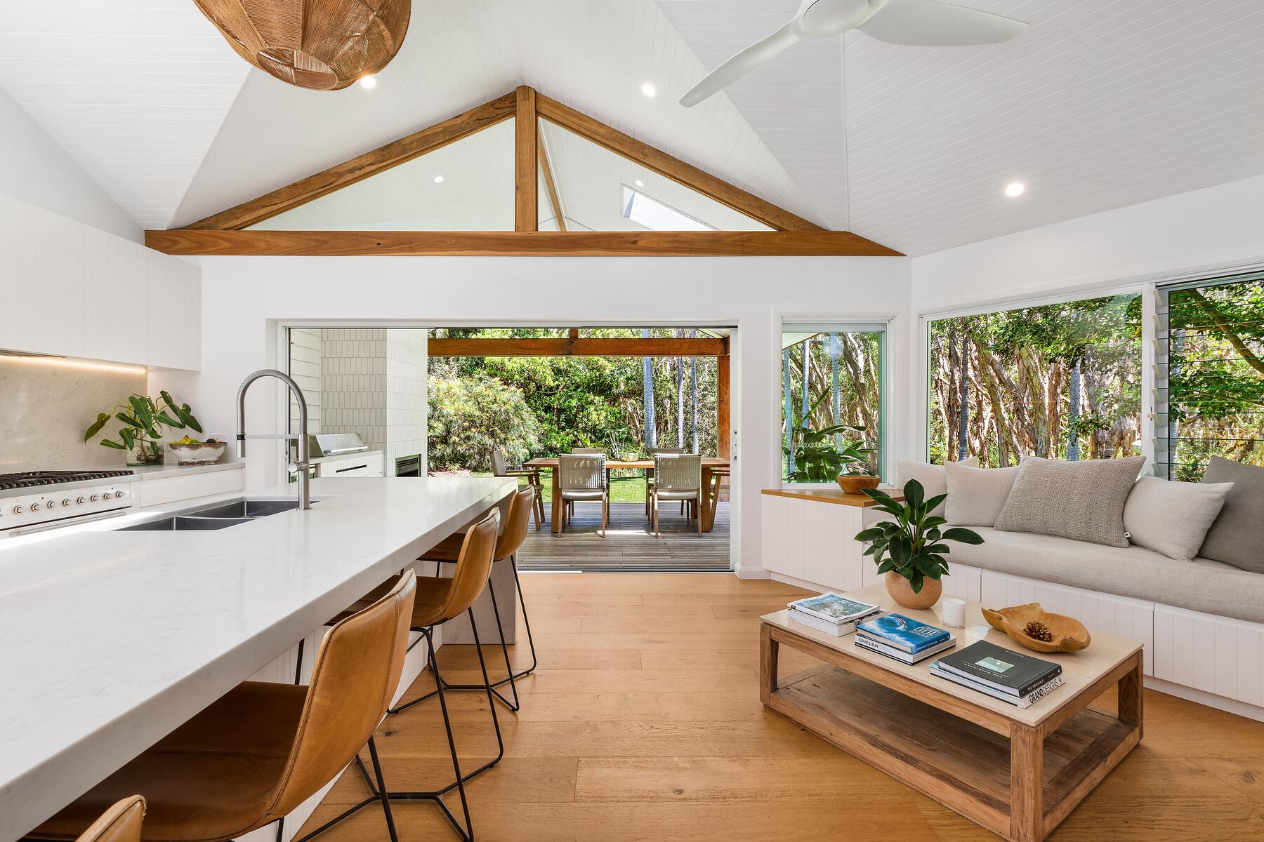 Modern architect designed renovations white walls timber floors exposed timber beams