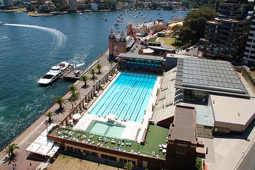 Aerial view of olympic sized pool with luna park behind